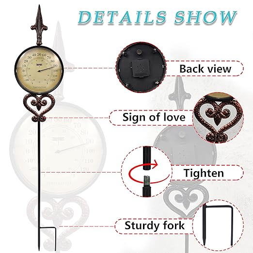 Cast Iron Thermometer Decorative Garden Stakes, Metal Thermometer for Patio Outdoor Decor and Yard Lawn Decorations