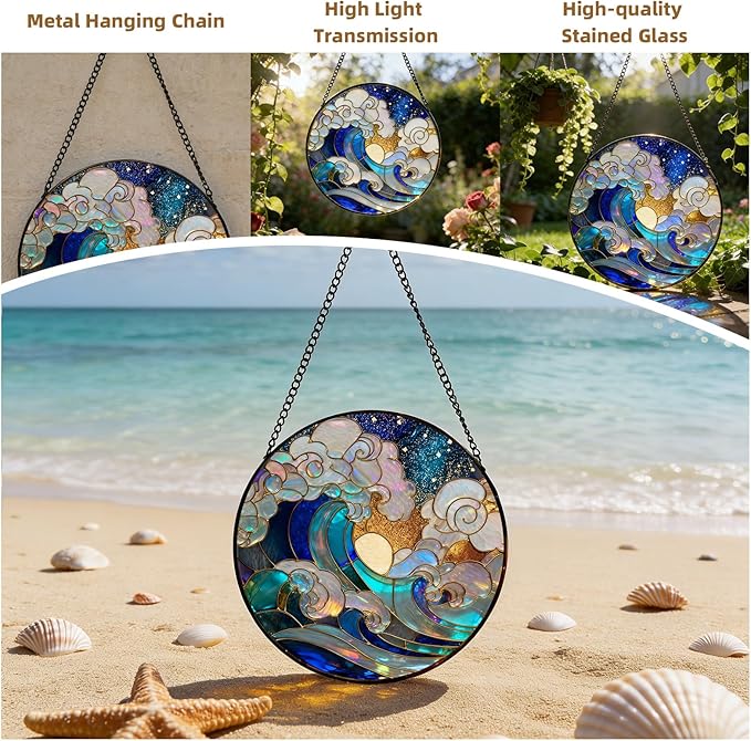 Stained Glass Window Hanging – Colorful Waves and Clouds Design Sun Catcher Glass Panel, Blue & Gold Suncatcher Decor for Birthday, Women, Men, Wife, Aunt, and Mom – 7.8 inches