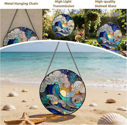 Stained Glass Window Hanging – Colorful Waves and Clouds Design Sun Catcher Glass Panel, Blue & Gold Suncatcher Decor for Birthday, Women, Men, Wife, Aunt, and Mom – 7.8 inches