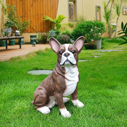 Sophisticated Brown & White Boston Terrier Dog Sculpture with Solar Lantern & Double-Sided 'On Patrol' and 'Welcome' Signposts – Premium Resin Statue for Upscale Garden, Yard, and Patio Décor