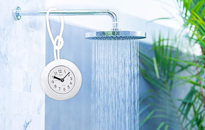 Impecca Waterproof Clock 5.5“ Non-Ticking Quartz Movement Indoor & Outdoor Clock for Shower, Wall, Desk, Pool, Patio, Kitchen, Bathroom, Washroom (Hanging Rope Included) White