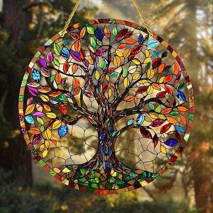 7.87 Inch Sun Catcher，Tree of Life Stained Glass Window Hanging，Acrylic Suncatchers Window Decorations for Indoor/Outdoor Garden Housewarming Gift for Mom