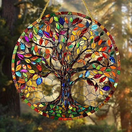 7.87 Inch Sun Catcher，Tree of Life Stained Glass Window Hanging，Acrylic Suncatchers Window Decorations for Indoor/Outdoor Garden Housewarming Gift for Mom