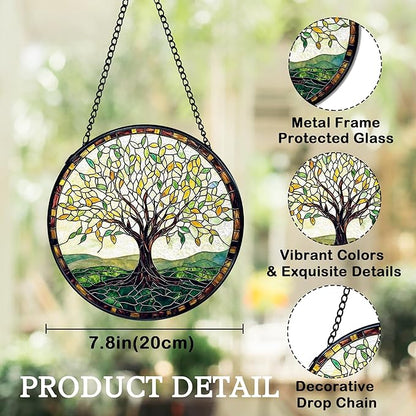 Tree of Life Suncatchers Stained Glass Window Hanging, Tree of Life Decor Sun Catchers Indoor Window Glass Round Wall Decor, Nature Wall Hanging Decorations, 7.9x7.9in