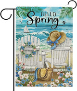 Hzppyz Hello Spring Sea Chairs Garden Flag Double Sided, Forget Me Not Flower Coastal Ocean Beach Decorative Yard Outdoor Home Small Decor, Nautical Sailboat Bag Hat Burlap Outside House Decoration 12