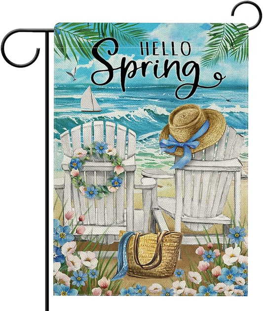 Hzppyz Hello Spring Sea Chairs Garden Flag Double Sided, Forget Me Not Flower Coastal Ocean Beach Decorative Yard Outdoor Home Small Decor, Nautical Sailboat Bag Hat Burlap Outside House Decoration 12