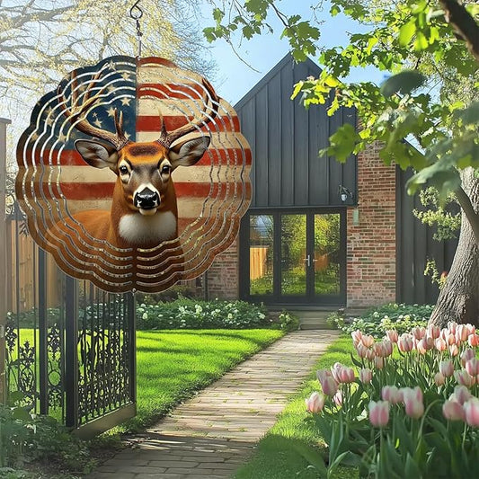 Deer American Flag Wind Spinners Outdoor, Hanging Wind Spinner for Garden Decoration, 8 inch 3D Stainless Steel Metal Wind Sculpture for Indoor/Outdoor Decor