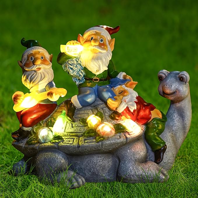 Solar Garden Outdoor Statues Gnome Turtle Three Gnomes Having Party on Turtle with 7 LED Lawn Decor Outside Decorations for Patio, Balcony, Yard Ornament Unique Garden Gift