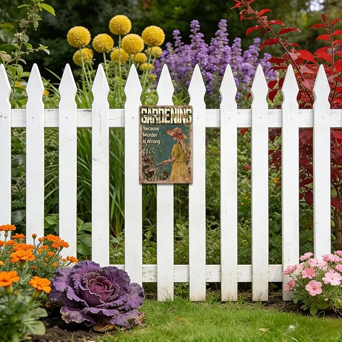 Garden Signs for Outside, Funny Metal Signs for Home Garden Patio Yard - Gardening Because Murder Is Wrong Sign, Vintage Gardening Gifts for Women, Wall Decor 12" x 8"