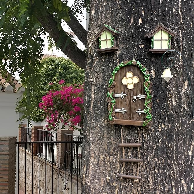 Fairy Garden Decor Fairy Door and Windows for Trees, Glow in The Dark Yard Sculpture Lawn Ornament Mini Garden Art Outdoor Decor Accessories with Lantern (C)