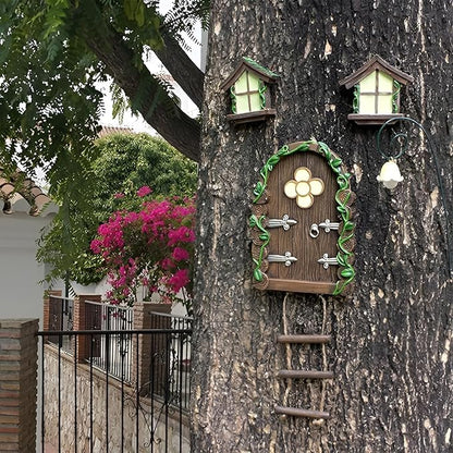 Fairy Garden Decor Fairy Door and Windows for Trees, Glow in The Dark Yard Sculpture Lawn Ornament Mini Garden Art Outdoor Decor Accessories with Lantern (C)