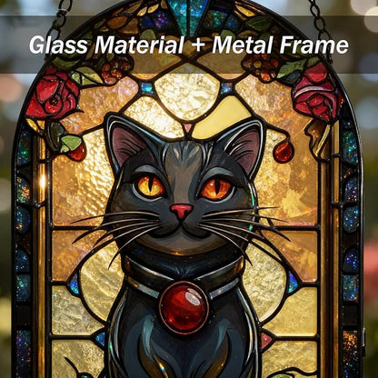 Stained Glass Window Hanging, Black Cat Sun Catcher for Window Door Wall Home Kitchen Living Room Meditation Decoration, Gifts for Women, Daughter, Mom, Father, Mother's Day Birthday