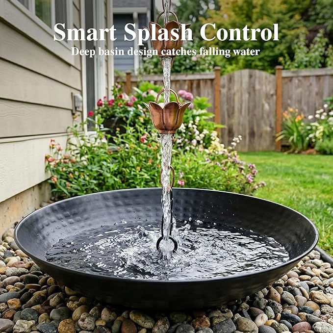 TZSSP Rain Chain Basin, Anchoring Basin for Downspout, Metal Bowl for Rain Chain Downspout Gutters, Rain Basin for Outdoor Garden, Lawn & Patio Water Feature, 11 Inches Diameter, Black