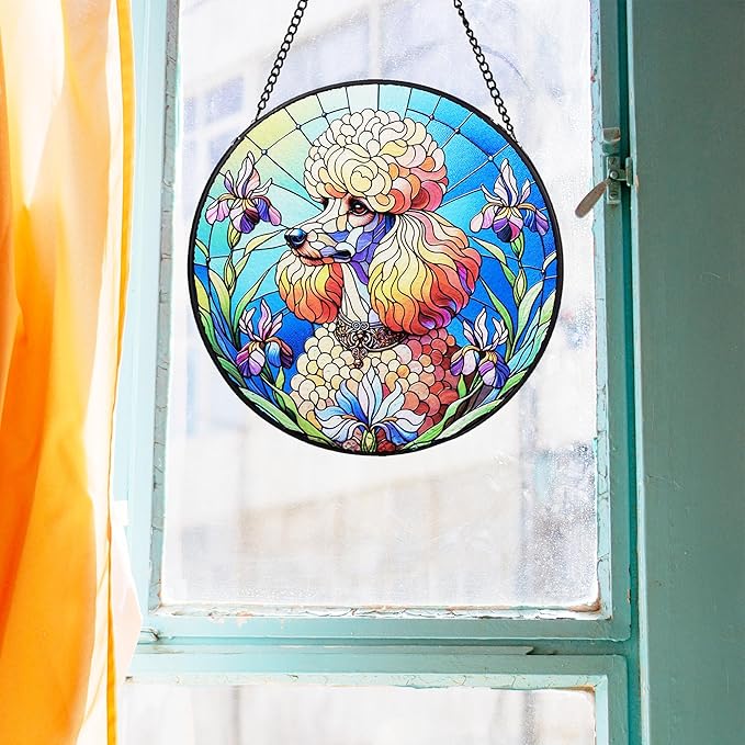 Stained Glass Dog Memorial Suncatcher,Poodle Window Hanging,Sympathy Gifts for Pet Loss,7.9 inch/20 cm Home and Garden Decor for Dog Lovers
