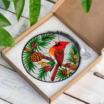 Red Cardinal Stained Glass Suncatcher, Red Bird Ornament for Window Hanging, Cardinal Decorations for Home and Bird Lovers, Sympathy and Remembrance Gift for Women, Mom, Grandpa
