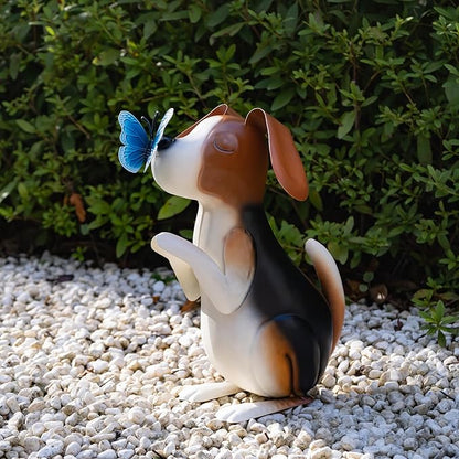 Metal Dog with Butterfly Garden Statue, Weather-Resistant Outdoor Decor – Hand-Painted Metal Animal Sculpture for Garden, Pathway, Porch, Patio – Whimsical Dog Lover Gift, Year-Round Display