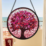 DASTOLL Stained Glass Window Hanging, Pink Love Tree of Life Sun Catchers Colorful Glass Panel Suncatcher Decor for Birthday for Women, Men, Wife, Lovers, and Mom 14.9x14.9 in