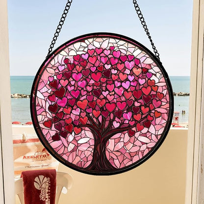 DASTOLL Stained Glass Window Hanging, Pink Love Tree of Life Sun Catchers Colorful Glass Panel Suncatcher Decor for Birthday for Women, Men, Wife, Lovers, and Mom 14.9x14.9 in