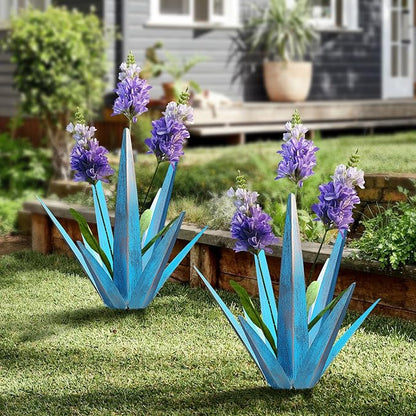 2PCS Large Metal Yard Art, Outdoor Metal Agave Plants, Tequila Rustic Sculpture, Garden Decoration Lavender Yard Art Plant (Sky Blue)