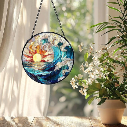 Sun Coastal Ocean Suncatcher Stained Glass Window Hanging, Ocean Waves Sunshine Sun Catchers Indoor Window Glass Wall Art Decor, Nautical Beach Wall Hanging Decor, 7.9x7.9 Inch 039-MH-BLGH