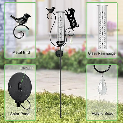 Rain Gauge Outdoor with Large Number Scale,Solar Powered Decorative Dog and Bird Garden Stake for Outside,Yard, Lawn, Pathway