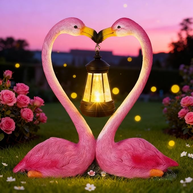Reallnaive Outdoor Solar Lawn Flamingo Lights for Mom Waterproof Garden Kissing Flamingo Heart Decoration with LED Decoration for Summer Party Favors Gifts Yard Patio Lawn Courtyard Centerpiece Decor