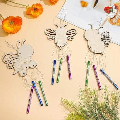 Leinuosen 30 Pcs Bee Wind Chime Kit for Kids Make Your Own Bee Wind Chimes Decorative DIY Coloring Wooden Crafts for Spring Art Activities Garden Home Patio Party Decorations