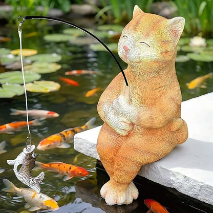 9.5“ Cat Fishing Garden Sculptures & Statues, Stone Look Fishing, Whimsical Lawn Yard Art, Funny Garden Pond Fisherman, Resin Animal Decor, Cat Lover Ornament, Cute Outdoor Statue