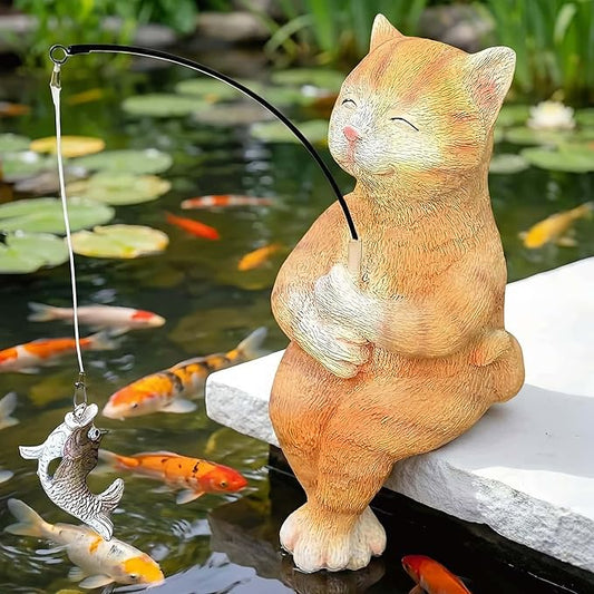 9.5“ Cat Fishing Garden Sculptures & Statues, Stone Look Fishing, Whimsical Lawn Yard Art, Funny Garden Pond Fisherman, Resin Animal Decor, Cat Lover Ornament, Cute Outdoor Statue