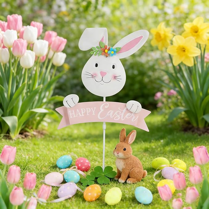 Easter Decorations Outdoor Metal Bunny Decorative Garden Stakes Happy Easter Decor Outdoor 3D Spring Yard Decor Farmhouse Rabbit for Home Outside Lawn Front Porch Happy Easter Yard Sign