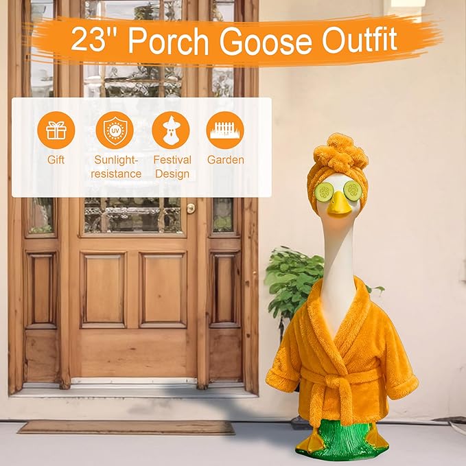 Lady Porch Goose Outfit for 23'' Lawn Statue, Winter Goose Statue Clothes, Yellow Bathrobe Cucumber Mask for Outdoor Garden Lawn Yard Patio Decoration