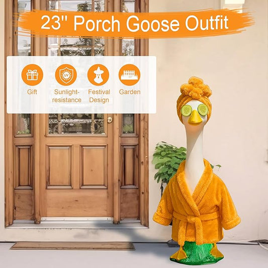 Lady Porch Goose Outfit for 23'' Lawn Statue, Winter Goose Statue Clothes, Yellow Bathrobe Cucumber Mask for Outdoor Garden Lawn Yard Patio Decoration