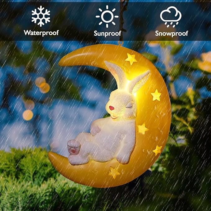 JoyBlooms Solar Garden Decor Bunny Garden Statue Solar Hanging Statue 9.36" L*7.8" W Outdoor Hanging Decorations for Patio Yard Gifts for Mom Grandma Housewarming-Sleeping Bunny
