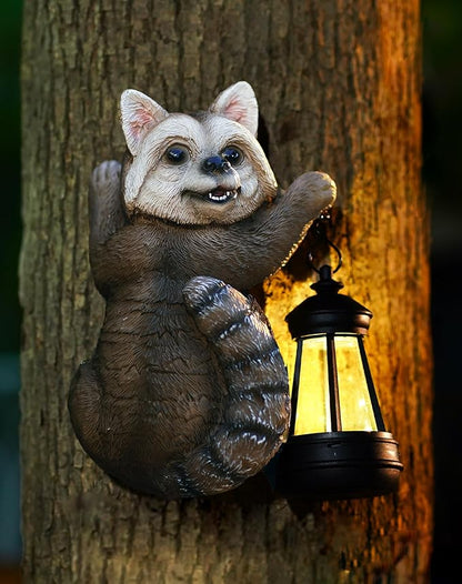 Goodeco Raccoon Tree Hugger with Solar Lantern - Garden Outdoor Tree Peeker, Animal Statues for Patio & Yard, Garden Gifts Ideas