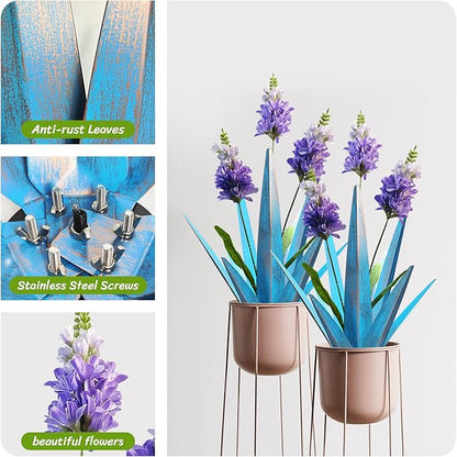 2PCS Large Metal Yard Art, Outdoor Metal Agave Plants, Tequila Rustic Sculpture, Garden Decoration Lavender Yard Art Plant (Sky Blue)