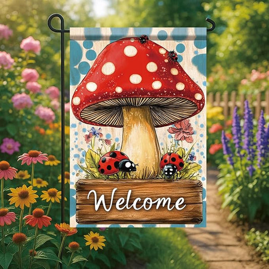 Spring Summer Garden Flag 12x18 Inch Mushroom Ladybug Welcome Woodland Floral Design Outdoor Yard Porch Lawn Garden for Seasonal Farmhouse Cottage Home Decor