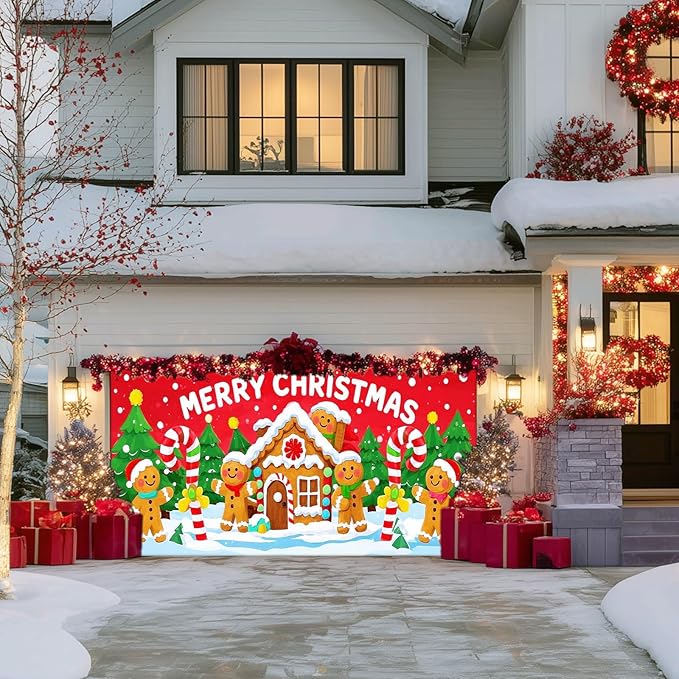 IVN Christmas Garage door banner Gingerbread House Candy Cane Characters Snowy Trees Door Cover Indoor And Outdoor Studio Background Hanging Decoration 13x6ft