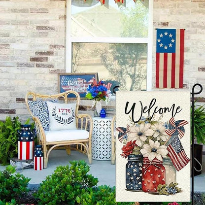1Pcs 4th of July Garden Flag, Summer Small Yard Flags for Outside, Independence Day Garden Flags 12x18 Vertical Double Sided, Patriotic Mason Jar Flowers Garden Flags for 4th of July Outside Decoration