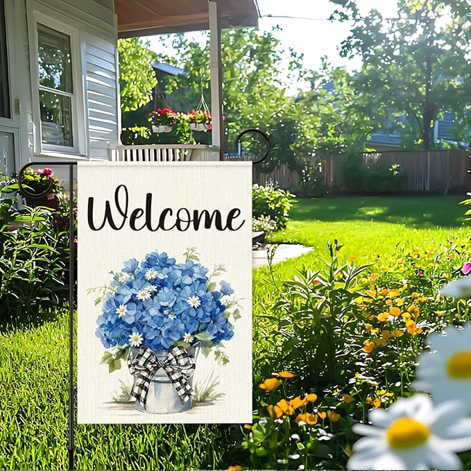 Blue Hydrangeas Spring Garden Flags for Outside,Welcome Spring Yard Flag for Porch Lawn Outside Decor 12x18 Inch Double Sided