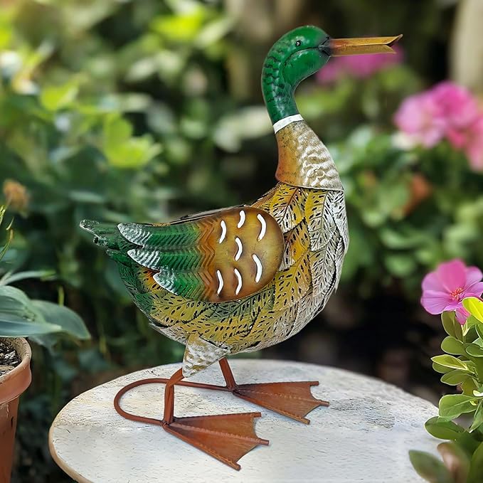 HONGLAND Solar Outdoor Metal Duck Sculpture, 16" Mallard Duck Garden Statue with Lights for Outdoor Patio, Backyard, Lawn, Home Kitchen Decoration