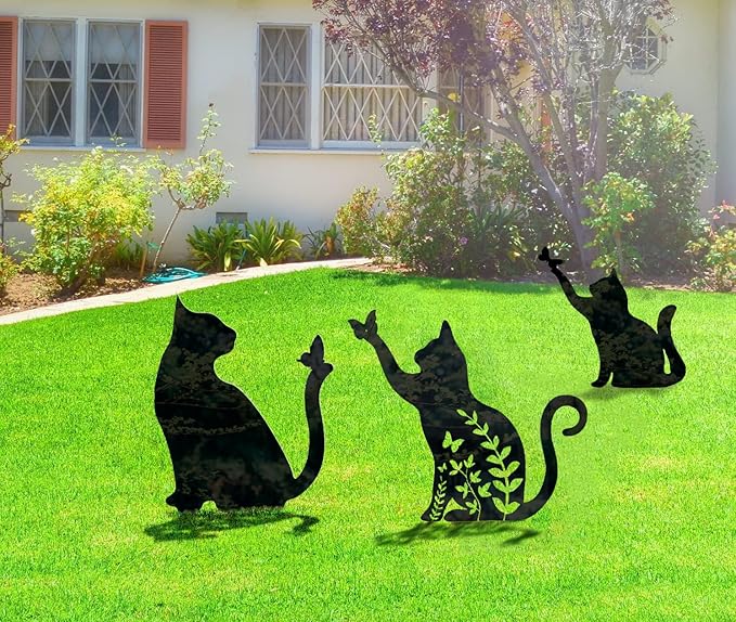 Metal Cat Stake Garden Decor, Yard Decoration Art for Lawn, Gifts for Cat Lovers, Black Outdoor Home Decoration, Metal Kitty Statue (SOCAT)