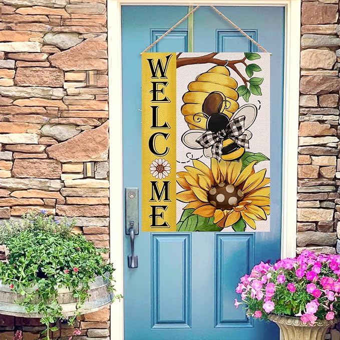 Welcome Spring Summer Bumble Bee Sunflower Decorative House Flag, Honeycomb Flower Garden Yard Outside Decorations, Buffalo Plaid Bow Farmhouse Outdoor Large Home Decor Double Sided 28 x 40