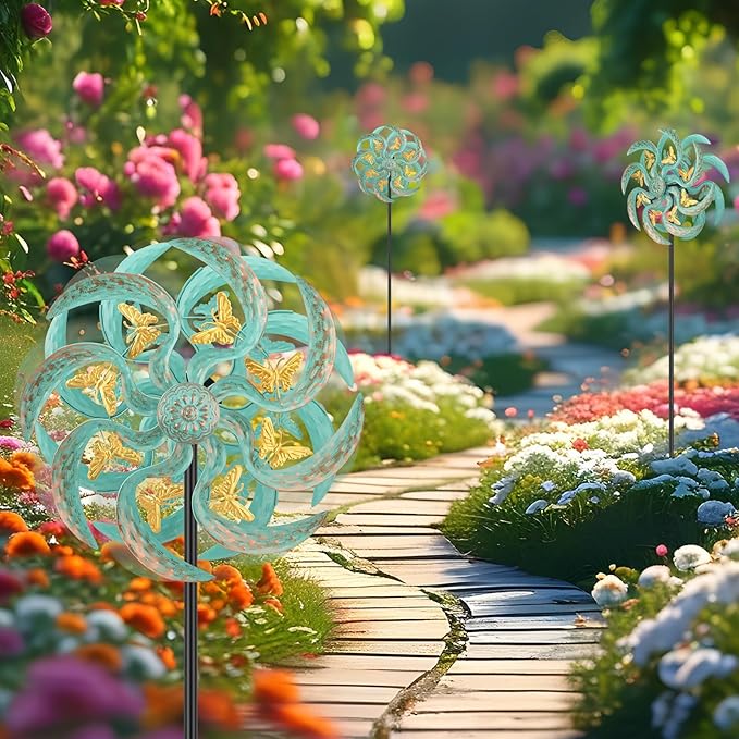 Metal Wind Spinner Outdoor, Golden Butterfly Kinetic Wind Sculpture Spinners with Metal Stake, Yard Art Decor for Patio, Lawn & Garden, Creative Gifts 57.5 * 13.4 Inch
