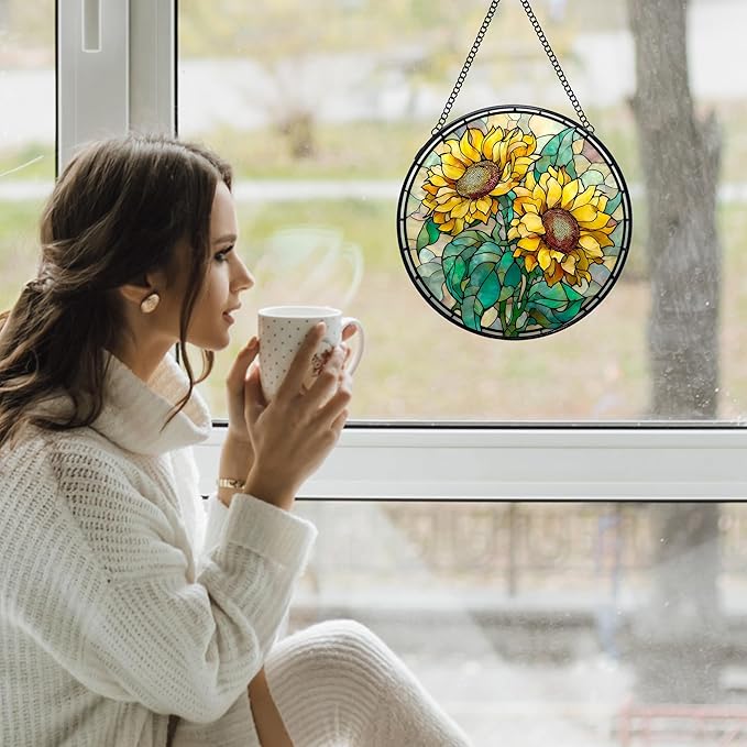 Sunflower Stained Glass Window Hanging Suncatchers, Sunflower Flower Sun Catchers Indoor Window Glass Wall Art Decor, Floral Wall Hanging Decorations Sculptures, 7.9x7.9in