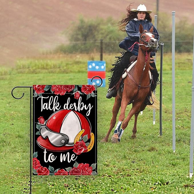 Artofy Kentucky Helmet Small Decorative Garden Flag, Talk Derby To Me Roses Churchill Downs Yard Lawn Outside Decor, Horse Racing Horseshoe Burlap Outdoor Home Decoration Double Sided 12 x 18