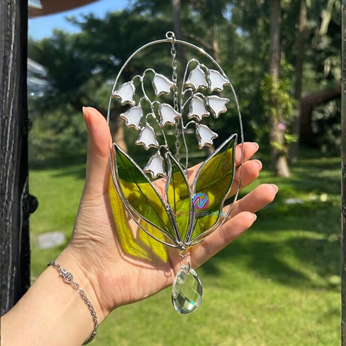 Real Stained Glass Suncatcher Lily of The Valley Suncatcher – Elegant Stained Glass Window Hanging Decor Plant Lover Gifts for Women Home Decor Gifts Sun Catchers Indoor Window 7.7in