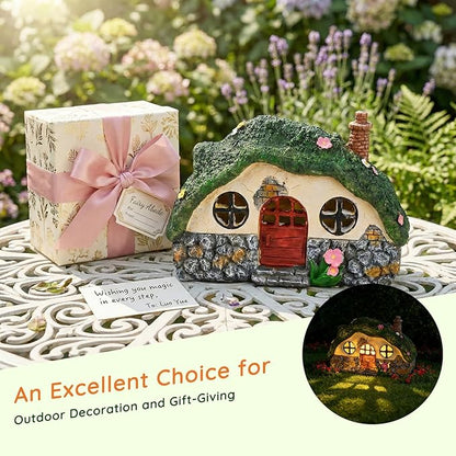 Solar Fairy Garden House, Outdoor Resin Statues, Outdoor Figurine Lights, Fairy Houses for Outside, Garden Statues House, for Patio, Yard, Balcony Decoration