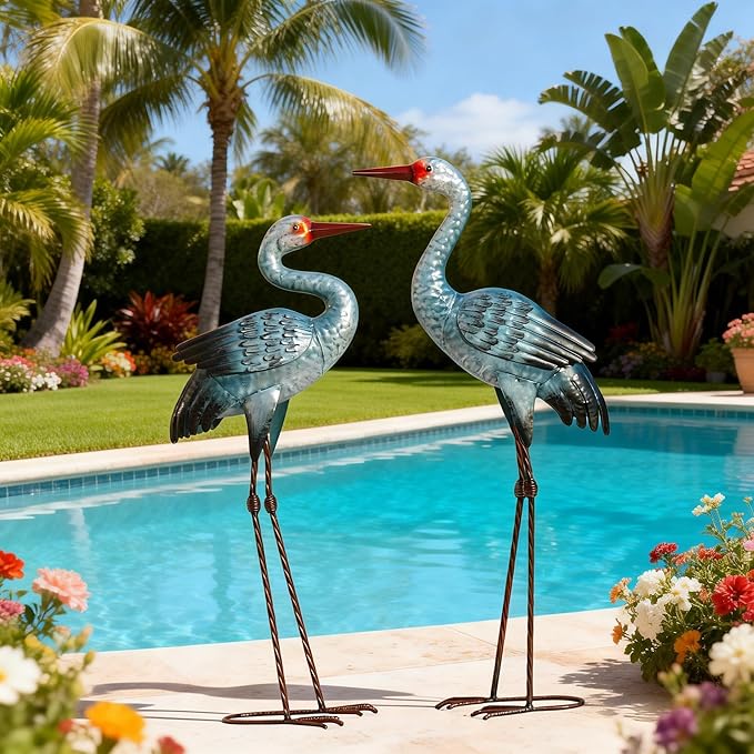 Natelf Metal Cranes Sculptures Outdoor Blue Heron Garden Statue Bird Yard Art Large Decorations for Lawn Patio Backyard Decoration
