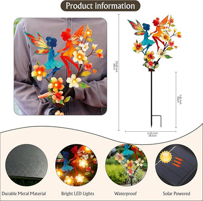 Solar Fairy Garden Stakes - Metal Whimsical Yard Art Decor, Warm LED Lights Waterproof Outdoor Decorative Stakes for Path Patio, Perfect Fairy Gift for Women/Mom(Twin Fairies)