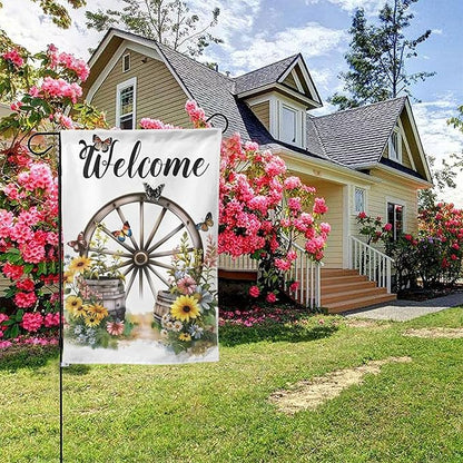 Wagon Wheel With Flowers Butterflies Garden Flags 12×18 Inch Double Sided Decorative Yard Banner Seasonal Flag for Outdoor Outside Decor